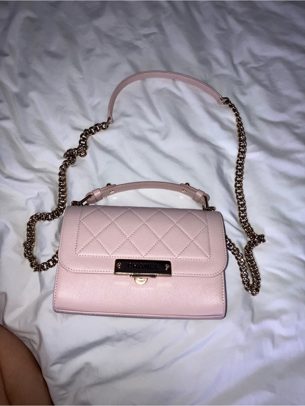 CHANEL PINK GRAINED CALFSKIN QUILTED SMALL LABEL CLICK FLAP BAG GOLD HARDWARE